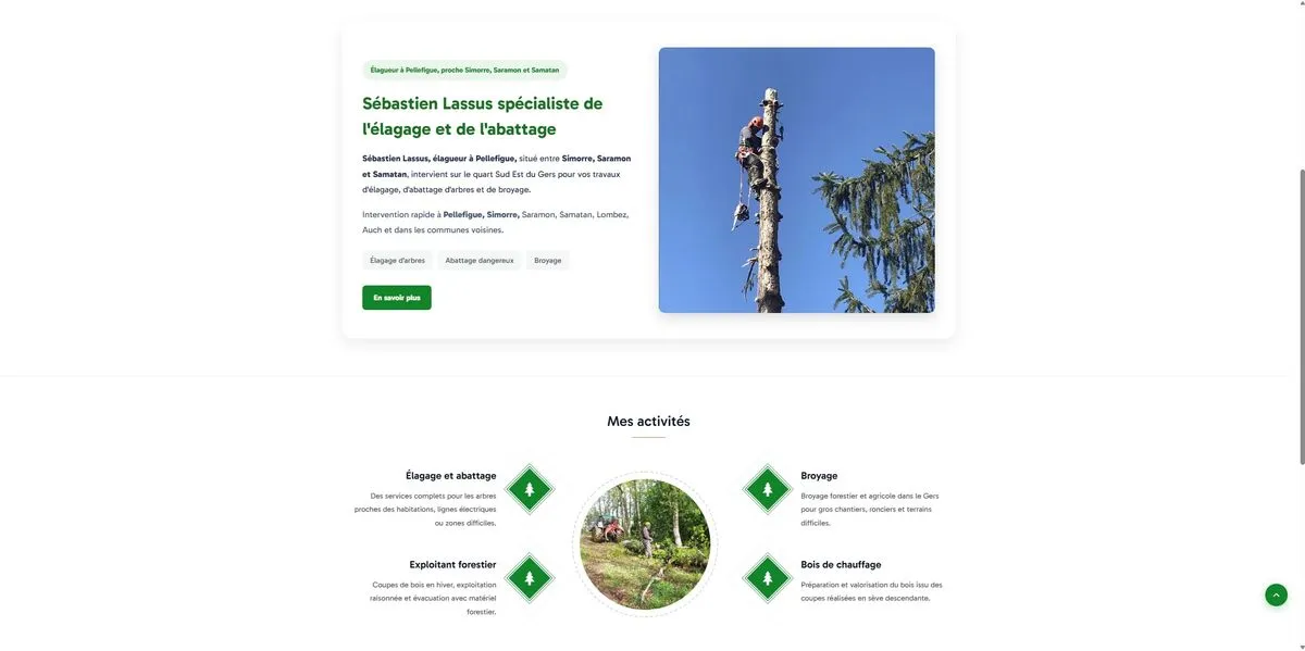 Site internet de Lassus Sébastien, élagueur & exploitant forestier à Pellefigue, Gers — créé par Pixel Gersois